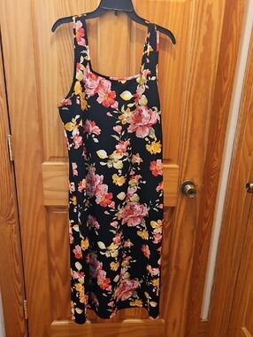 SHEIN Black Midi Dress with Pink and Yellow Floral Print
